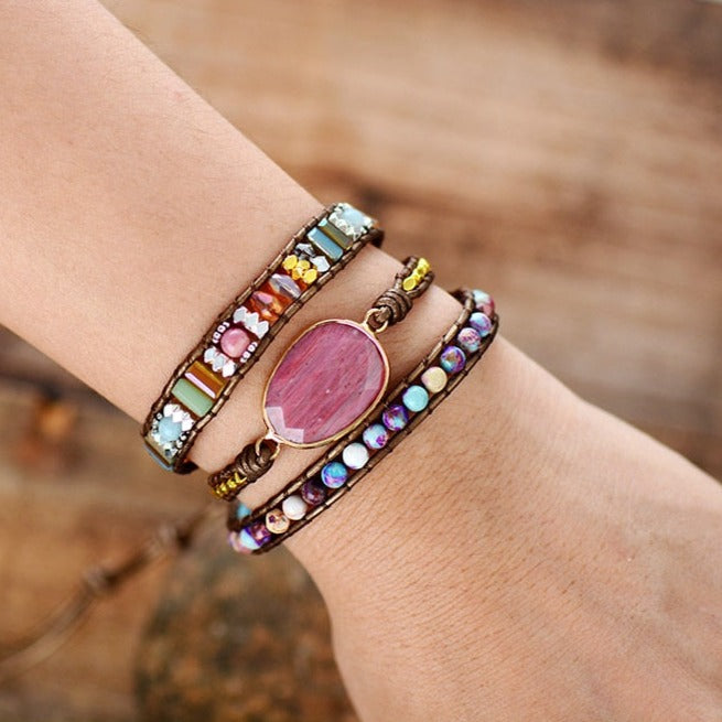 Bracelet wrap en Rhodonite, Cristal et Jaspe impérial Ma boutique