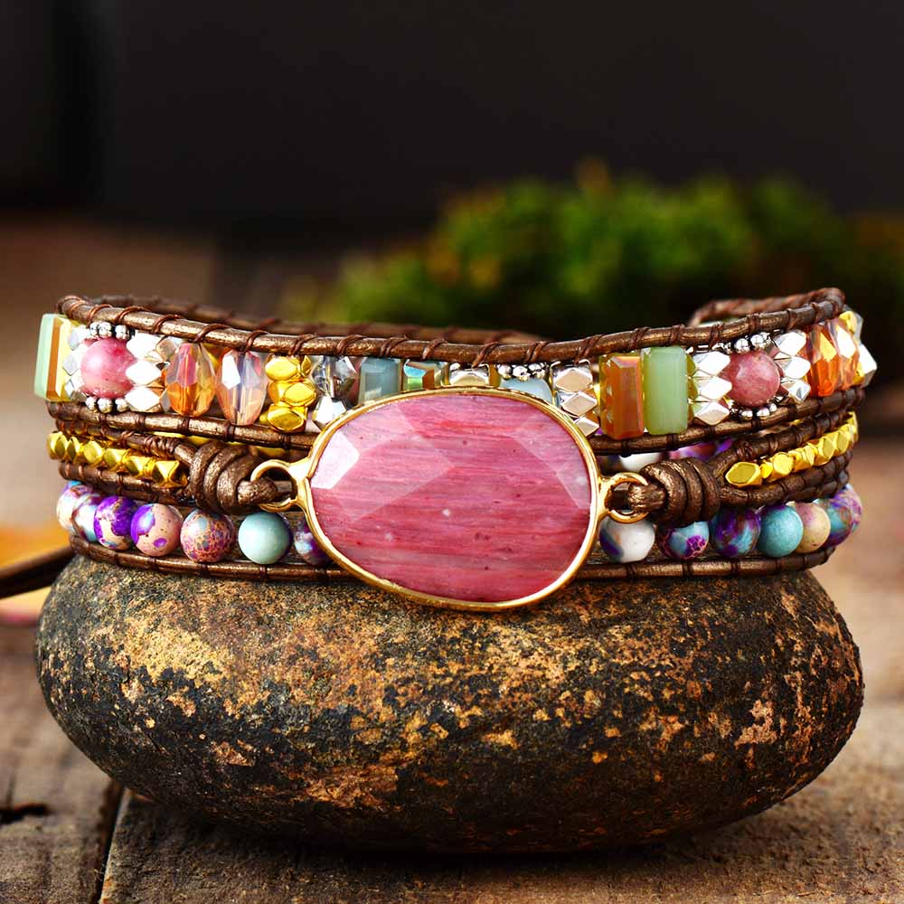 Bracelet wrap en Rhodonite, Cristal et Jaspe impérial Ma boutique