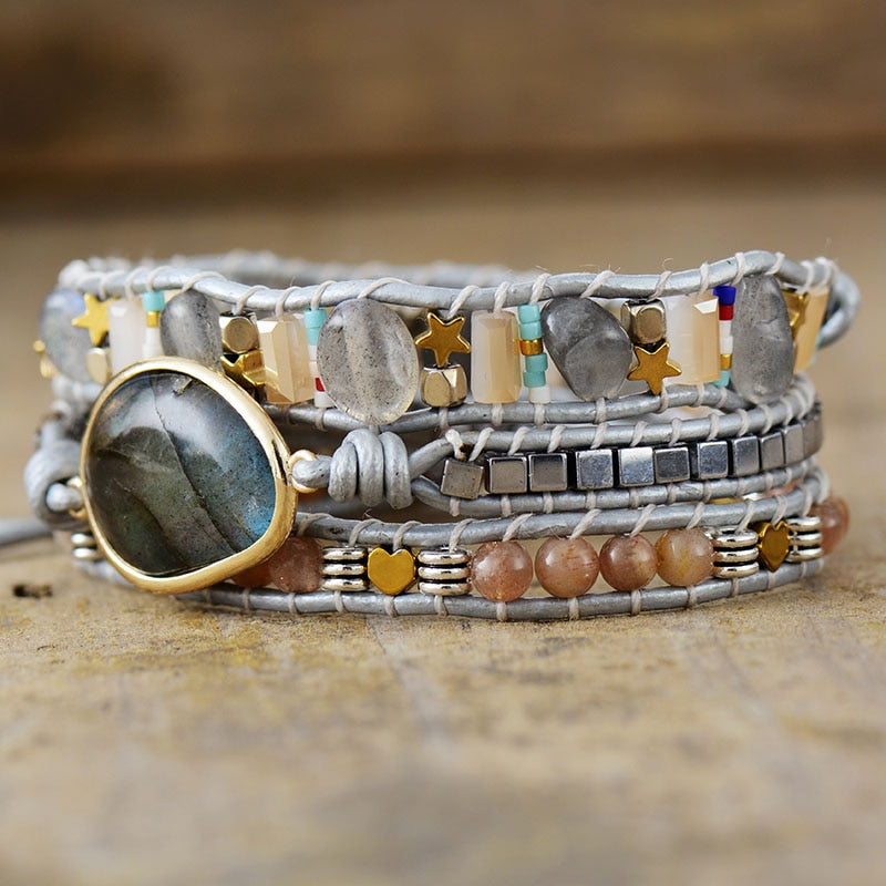 Bracelet wrap en Labradorite, Pierre de soleil et Cristal Ma boutique