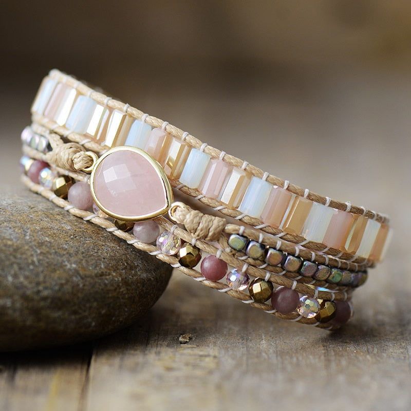 Bracelet wrap en Quartz rose et Cristal Ma boutique