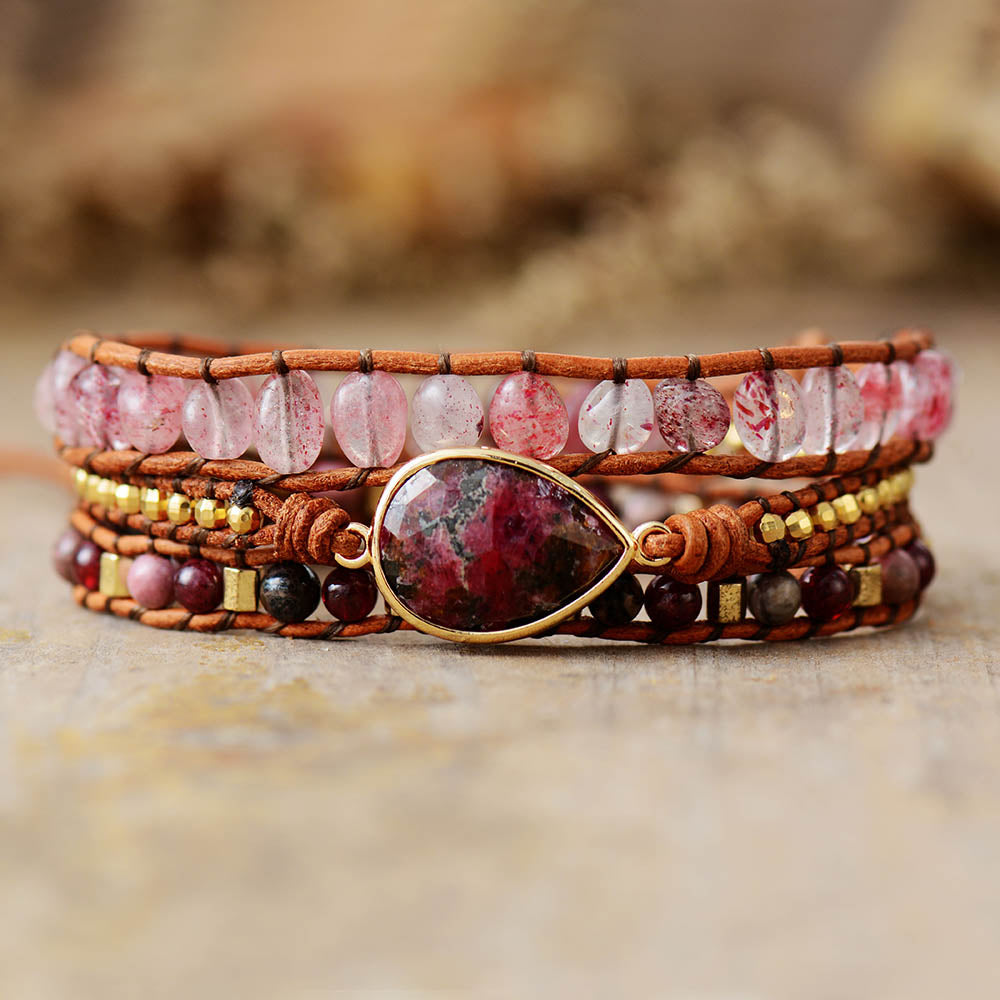 Bracelet wrap en Rhodonite et Quartz Ma boutique