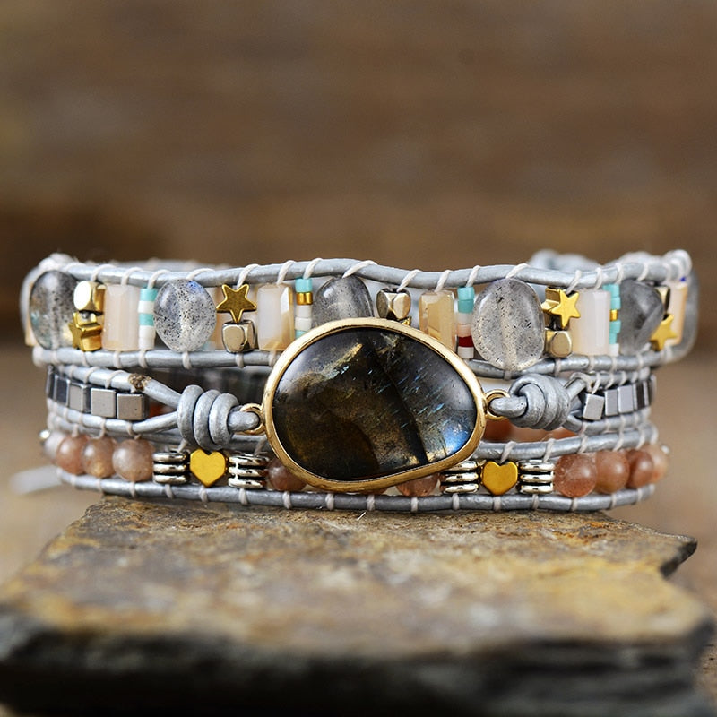 Bracelet wrap en Labradorite, Pierre de soleil et Cristal Ma boutique