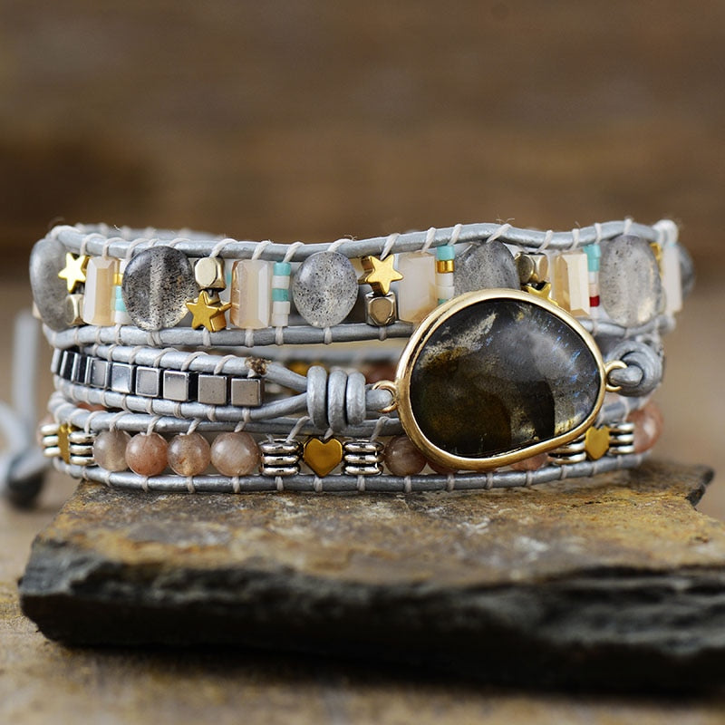 Bracelet wrap en Labradorite, Pierre de soleil et Cristal Ma boutique