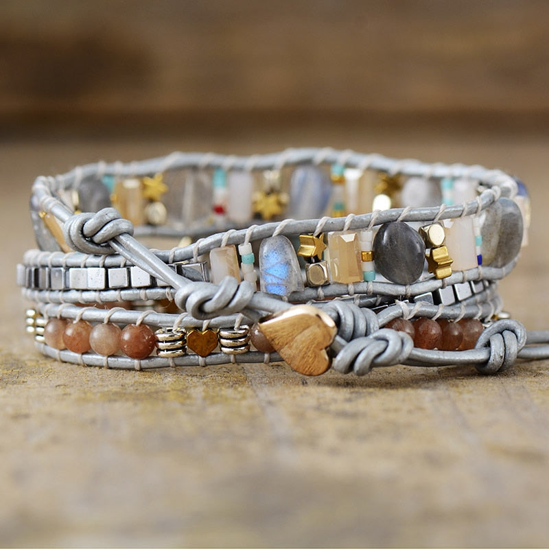 Bracelet wrap en Labradorite, Pierre de soleil et Cristal Ma boutique