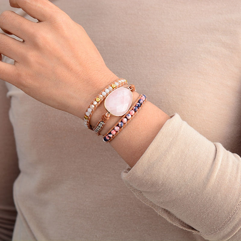 Bracelet wrap "Croissance" en Quartz rose et Cristal Ma boutique