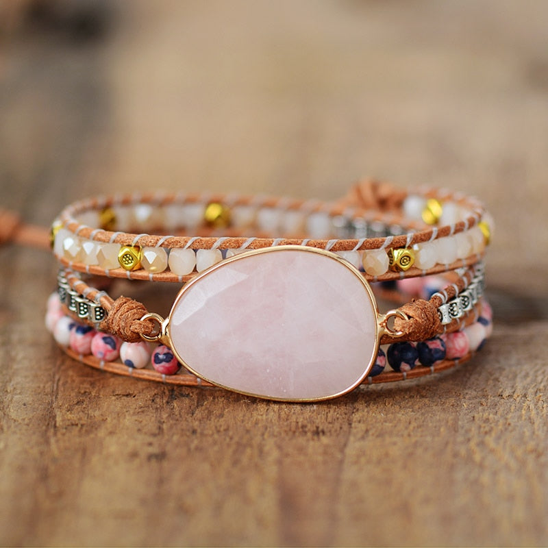 Bracelet wrap "Croissance" en Quartz rose et Cristal Ma boutique