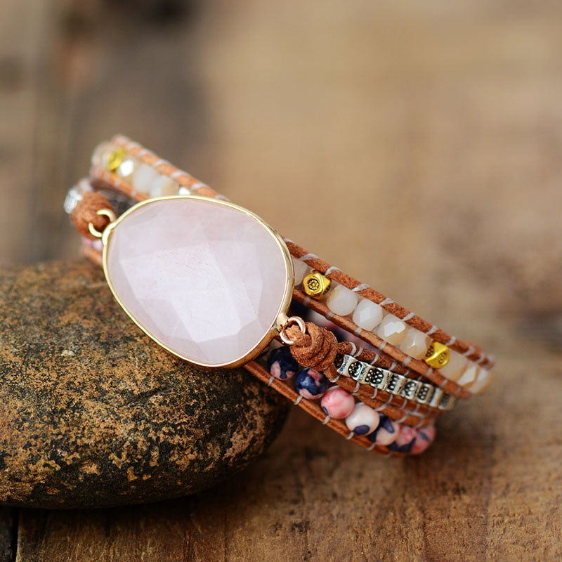 Bracelet wrap "Croissance" en Quartz rose et Cristal Ma boutique