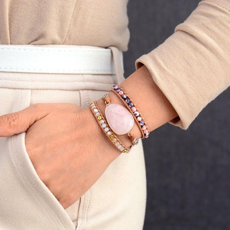 Bracelet wrap "Croissance" en Quartz rose et Cristal Ma boutique