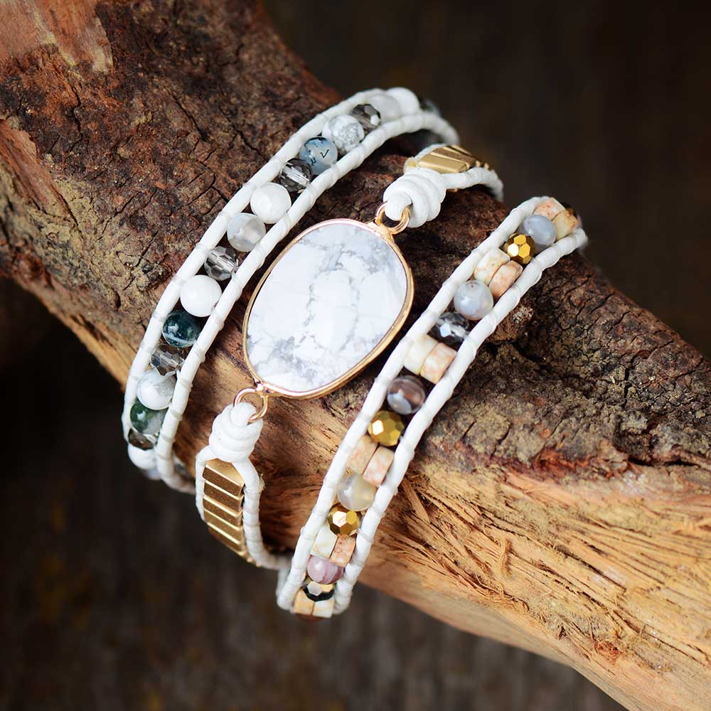 Bracelet wrap en Howlite, Cristal et Quartz Ma boutique