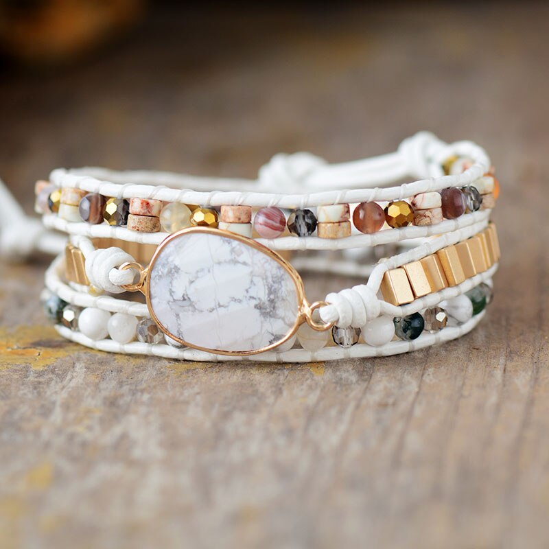 Bracelet wrap en Howlite, Cristal et Quartz Ma boutique