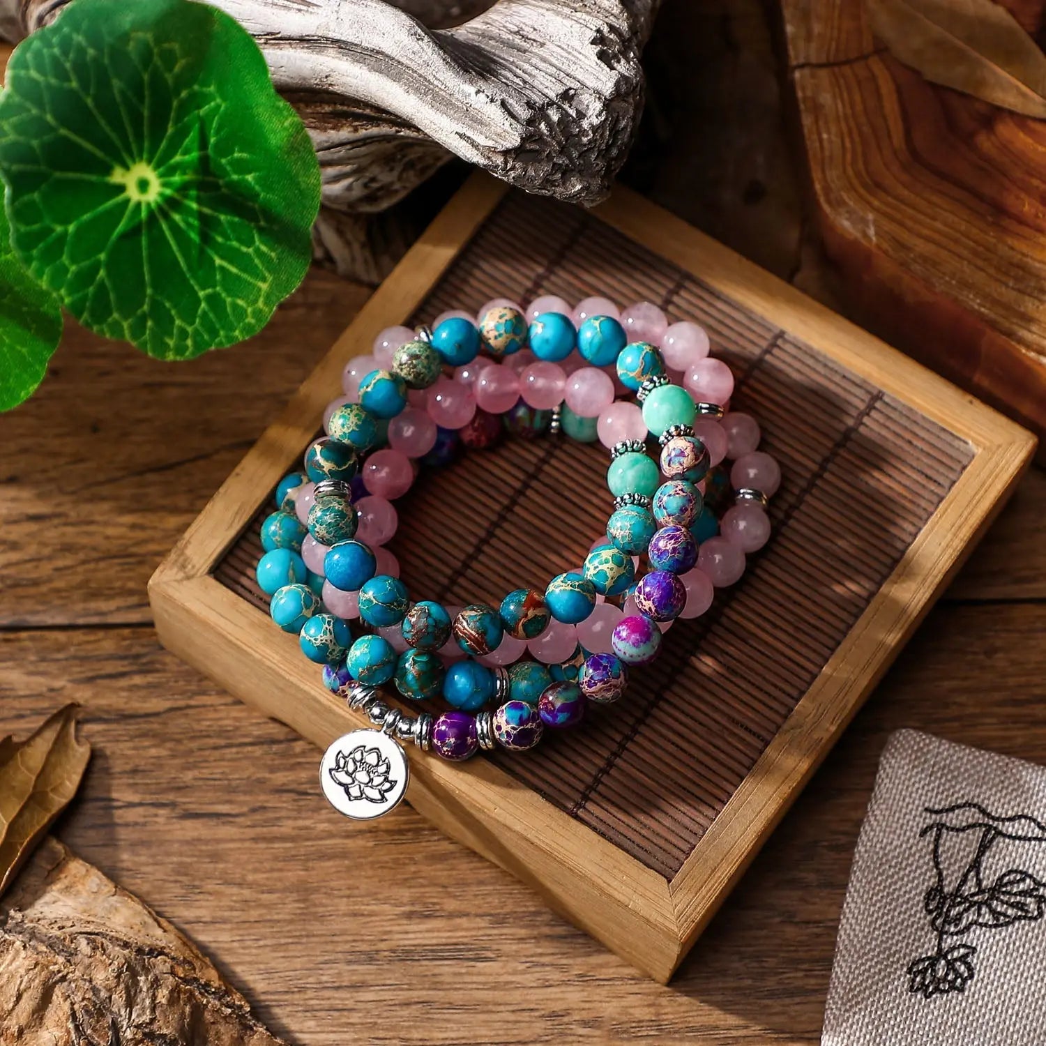 Bracelet mala en Quartz rose, Amazonite, Jaspe impérial et Turquoise Ma boutique