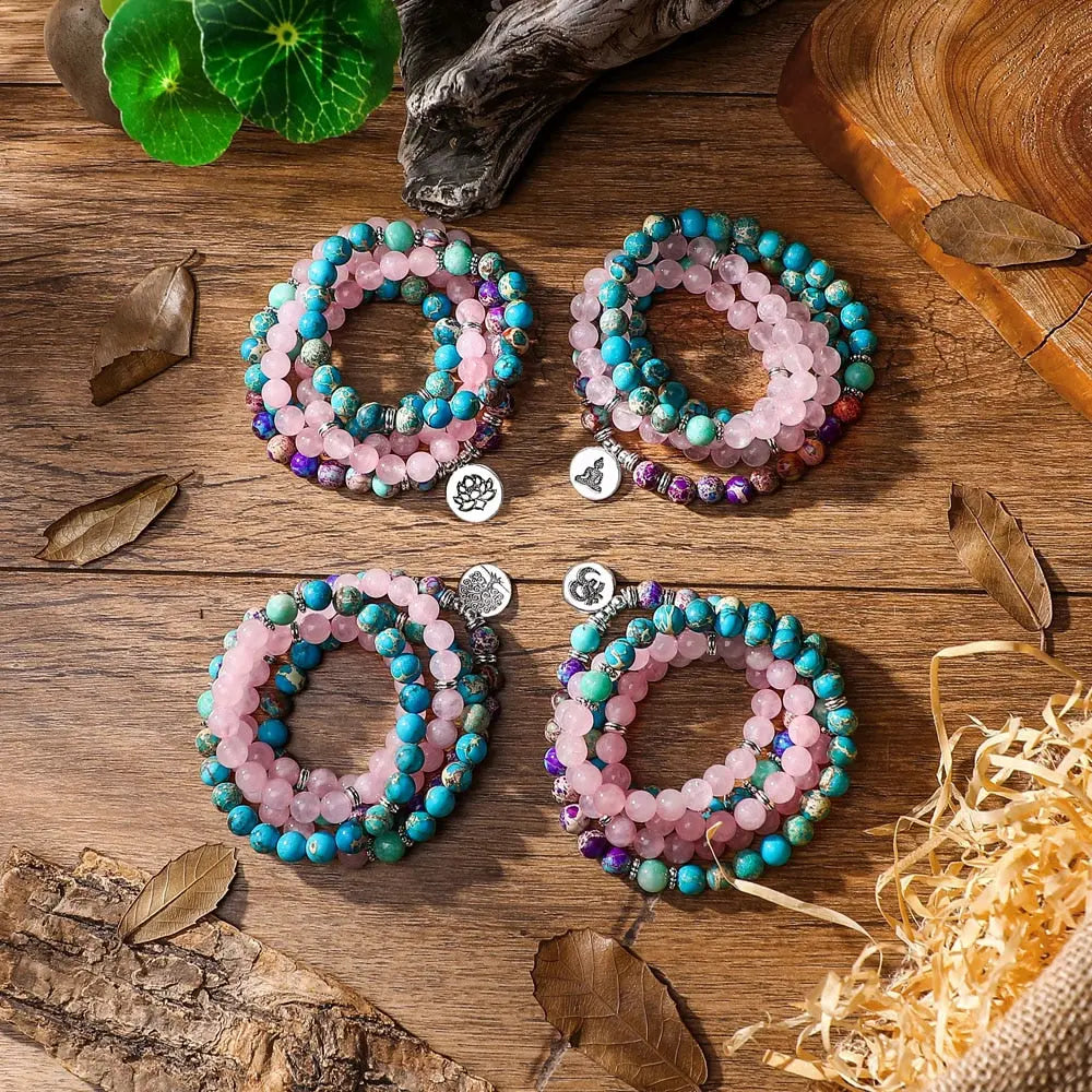 Bracelet mala en Quartz rose, Amazonite, Jaspe impérial et Turquoise Ma boutique