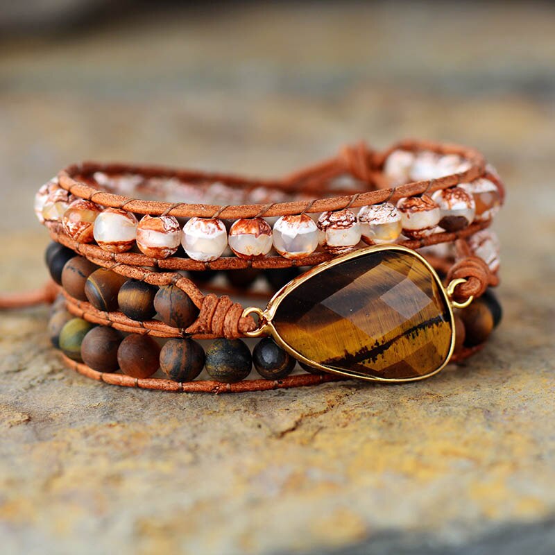 Bracelet wrap en Œil de tigre et Agate Ma boutique